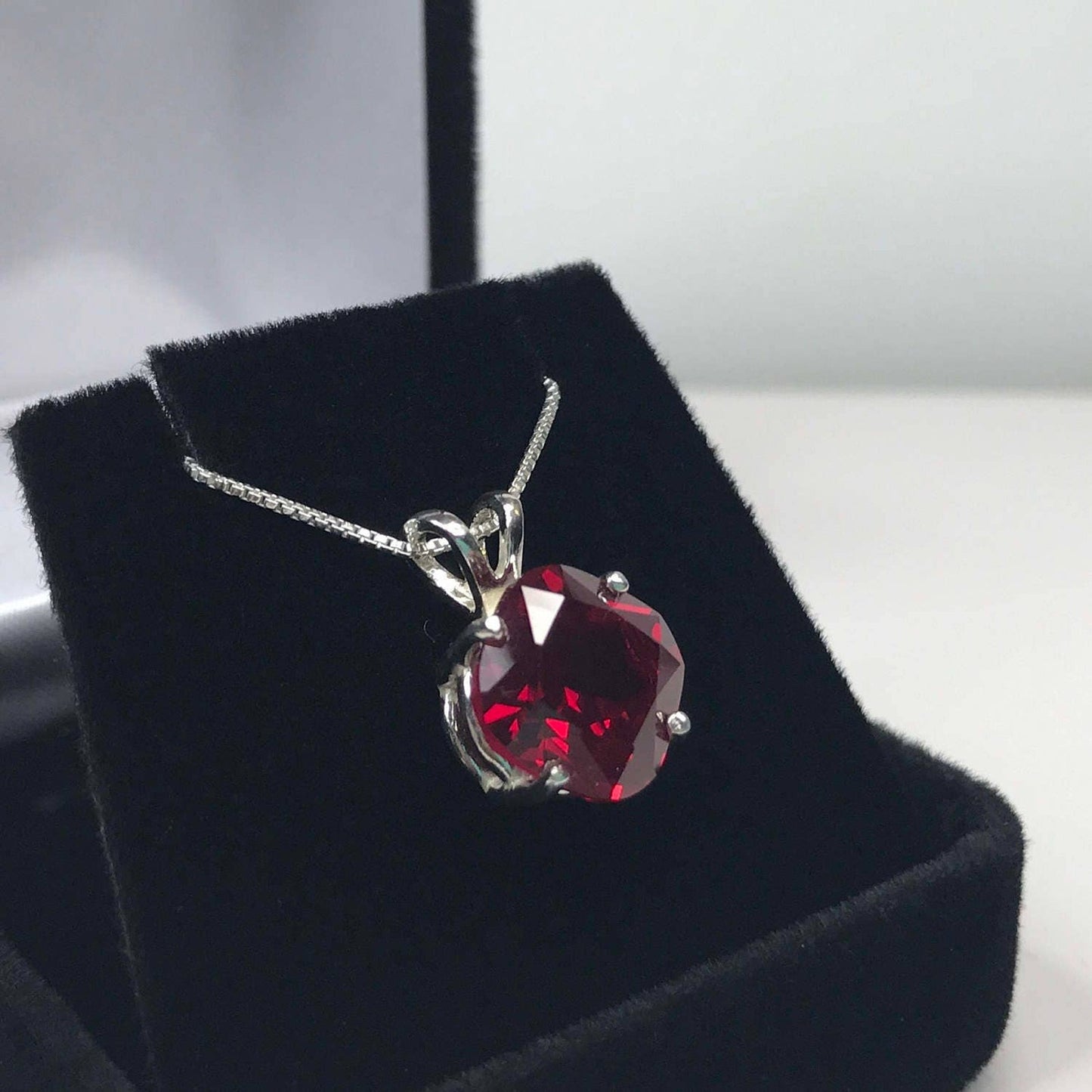 Beautiful 5ct Cushion Cut Lab Grown Ruby Necklace in Sterling Silver