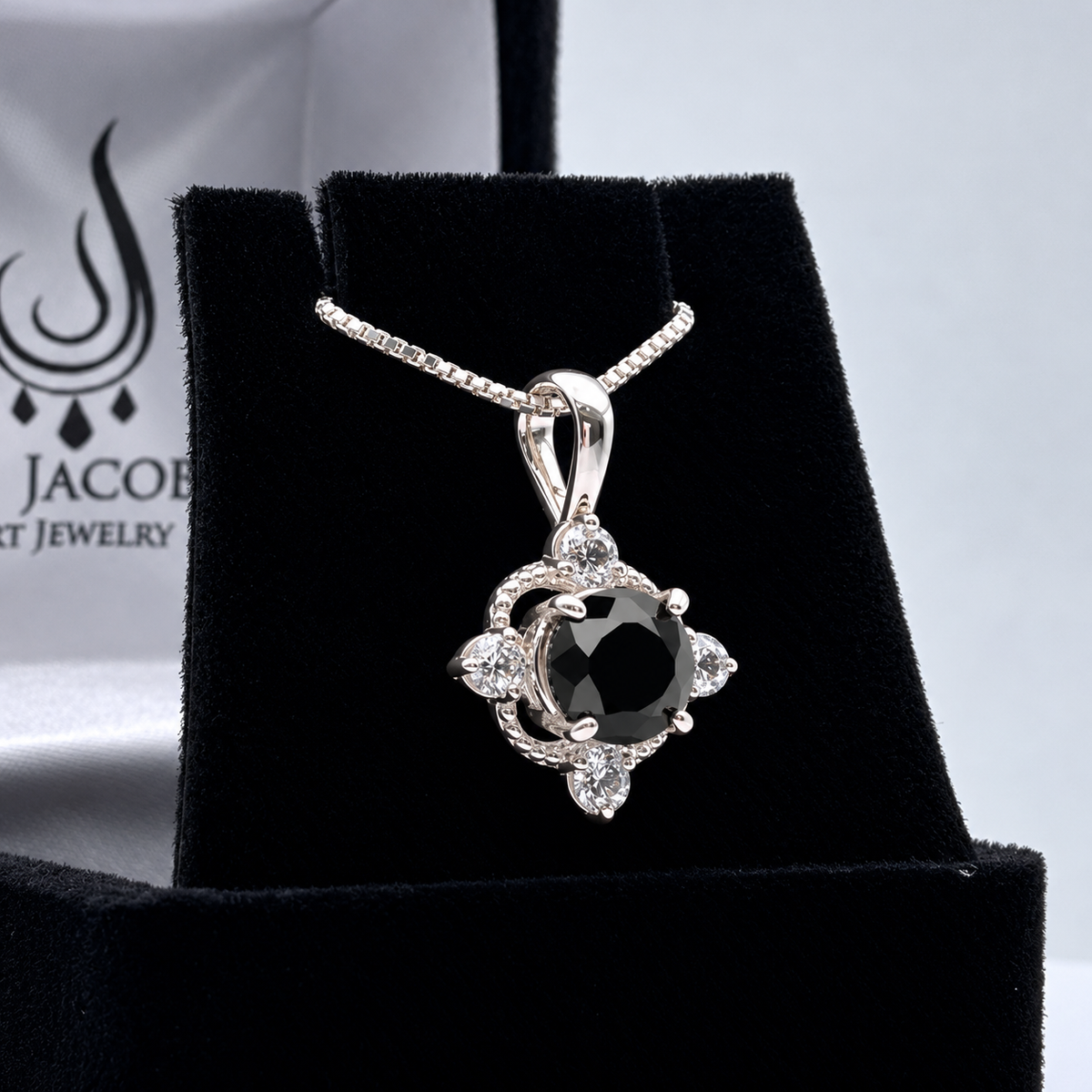 2.4ctw Ornate Black Onyx & White Sapphire Pendant Necklace