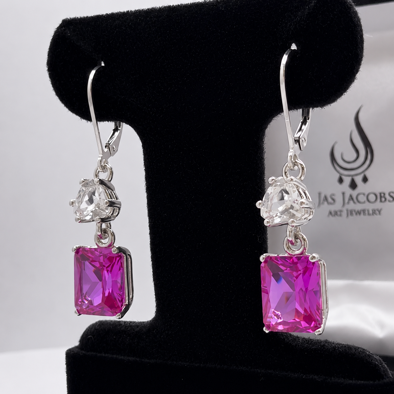 9ctw Emerald Cut Pink Sapphire & White Sapphire Dangle Earrings