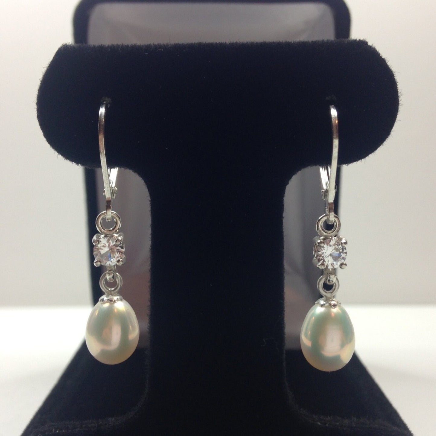 Genuine Pearl & White Sapphire Earrings in Sterling Silver Pearl Earrings