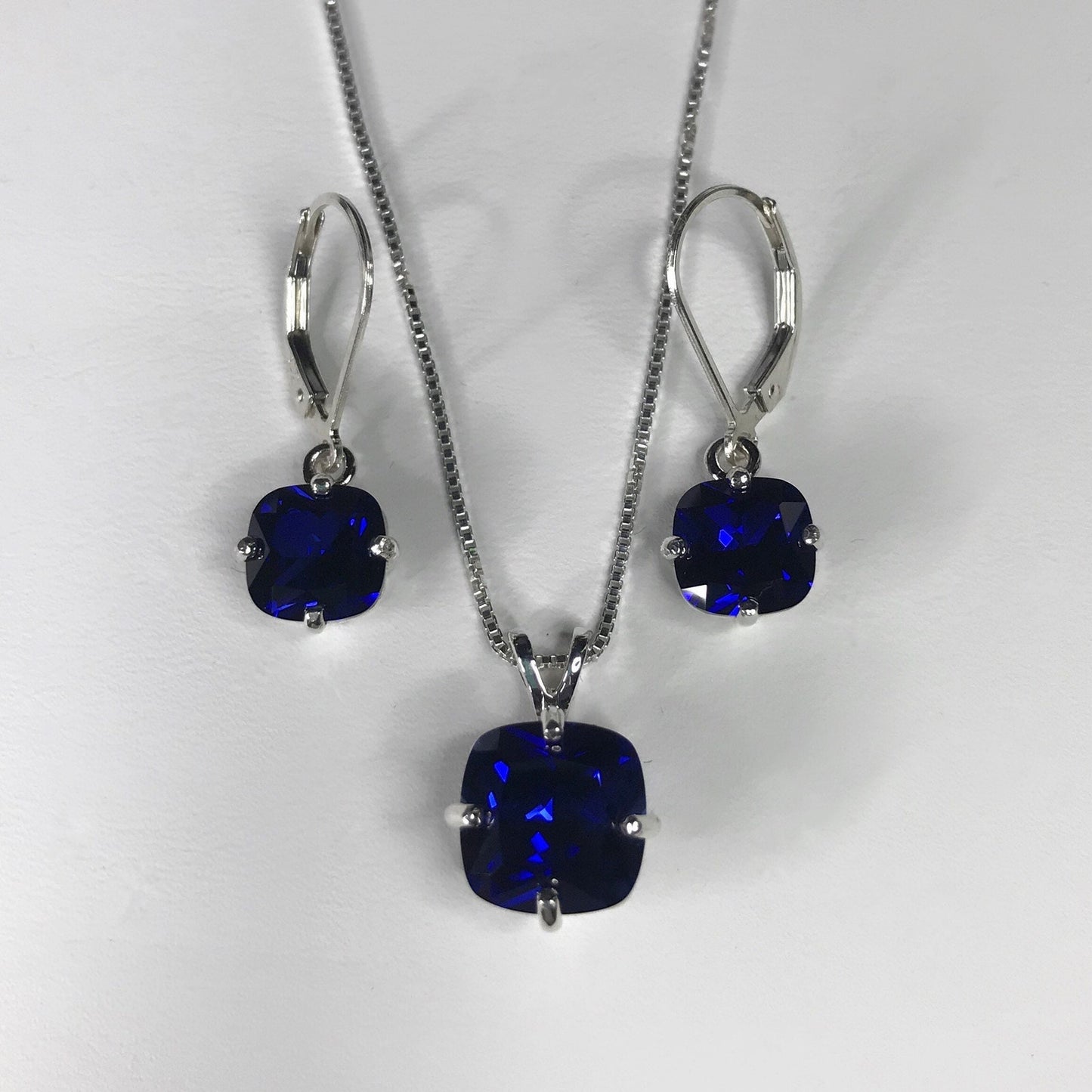 GORGEOUS 10ctw Cushion Cut Sapphire Earrings & Pendant Necklace Set Sterling Silver Leverback Jewelry Gift Blue