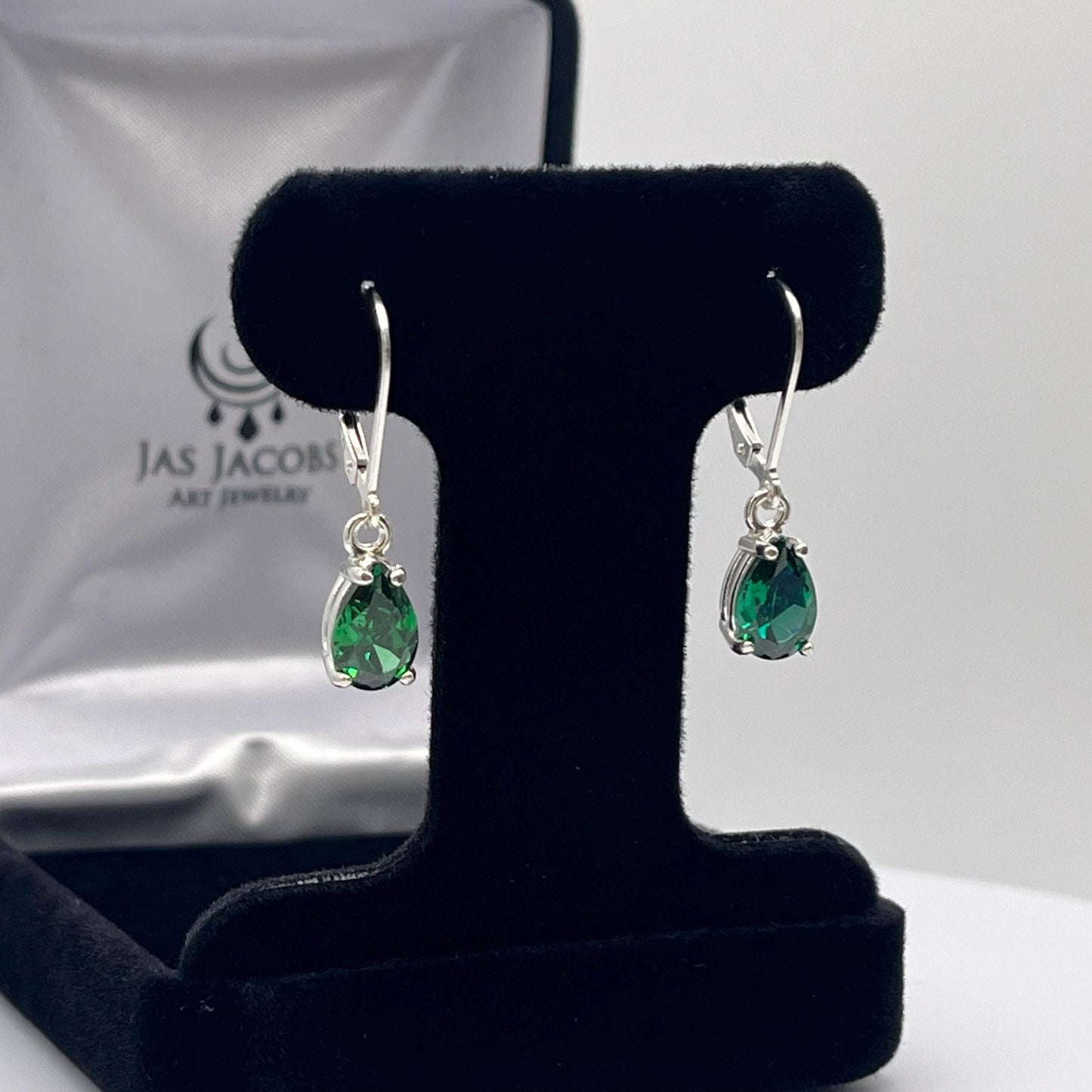 Beautiful 3ctw Pear Cut Emerald Earrings in Sterling Silver Dangle Leverbacks