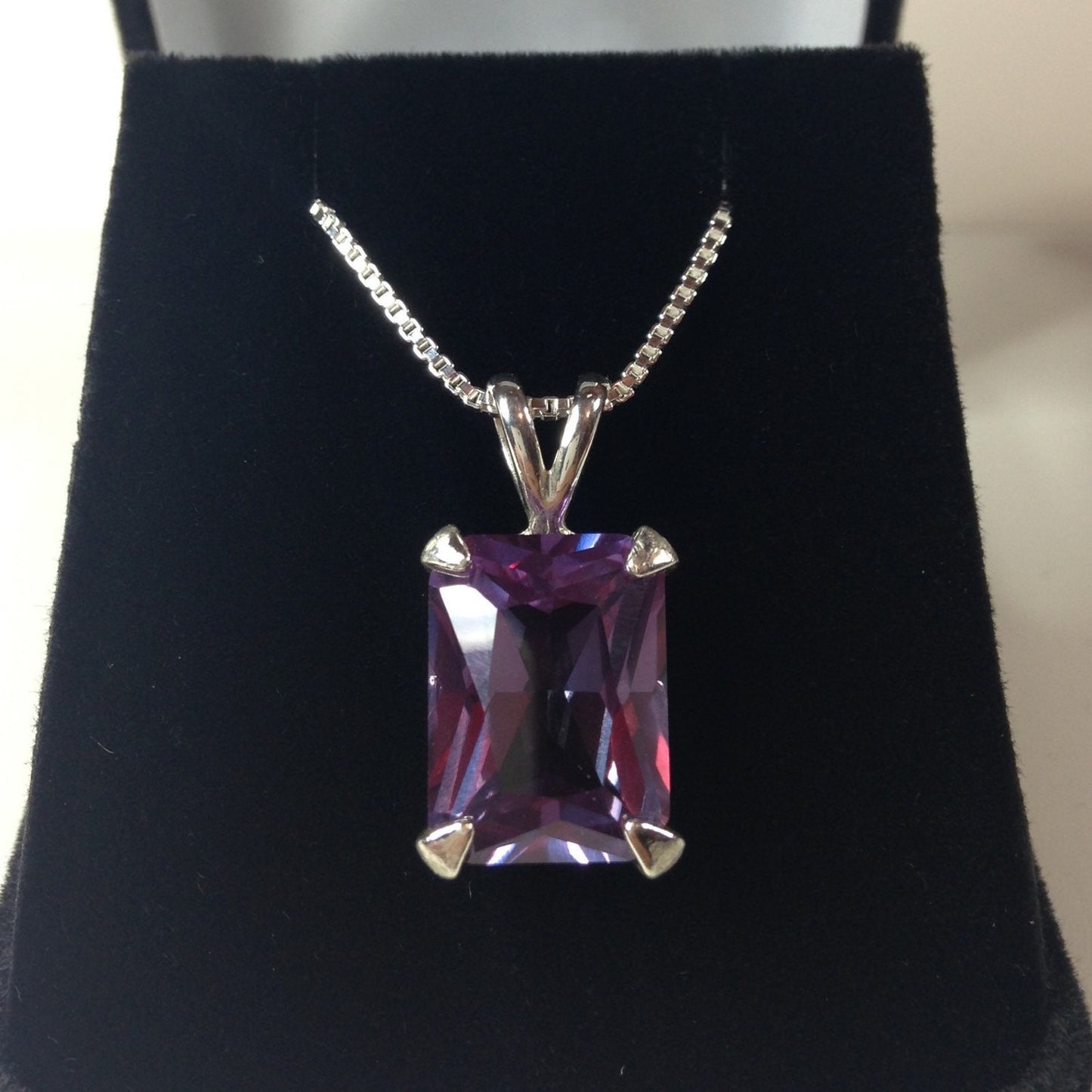 Gorgeous 8ct Emerald Cut Alexandrite Necklace Sterling Silver Solitaire Pendant Large Color Change Alexandrite Lab June Birthstone Gift