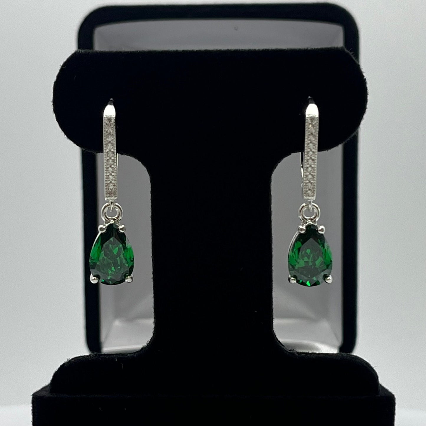 Beautiful 5ctw Pear Cut Emerald Earrings with White Sapphire Accents set in Sterling Silver