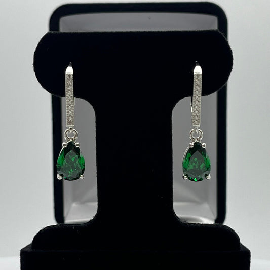 Beautiful 5ctw Pear Cut Emerald Earrings with White Sapphire Accents set in Sterling Silver