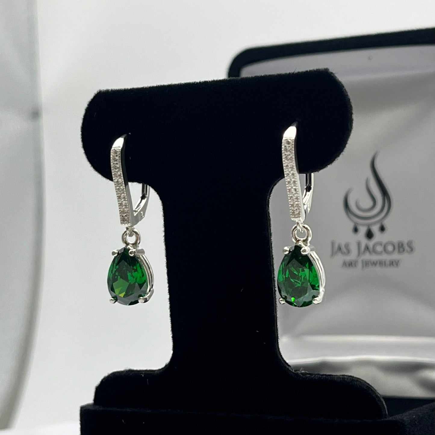 Beautiful 5ctw Pear Cut Emerald Earrings with White Sapphire Accents set in Sterling Silver