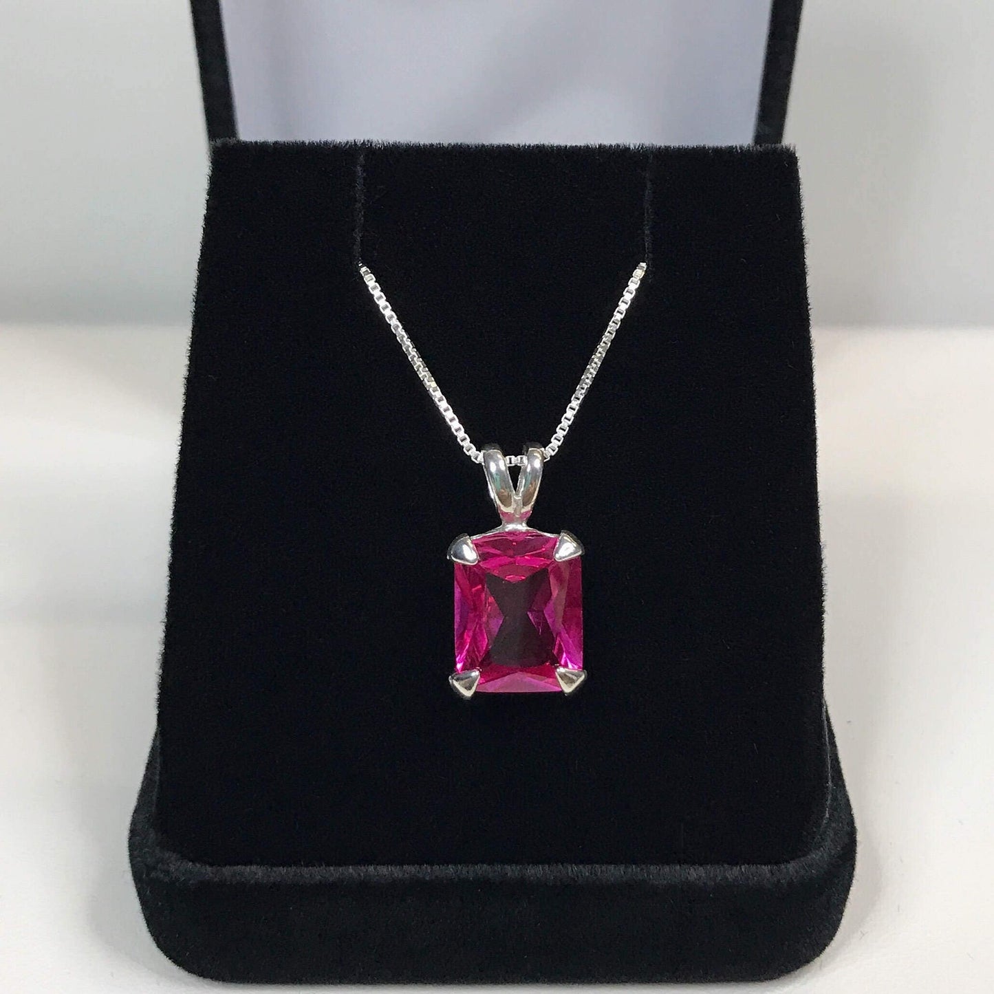 GORGEOUS 7ct Emerald Cut Pink Sapphire Necklace Sterling Silver Pendant 18" Trending Jewelry Gift September
