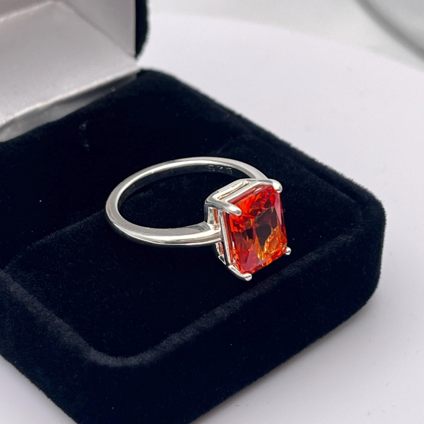 Beautiful 4ct Emerald Cut Orange Sapphire Ring Padparadscha Ring with Sizing Sterling Silver Ring Trending Jewelry Gift September Birthstone