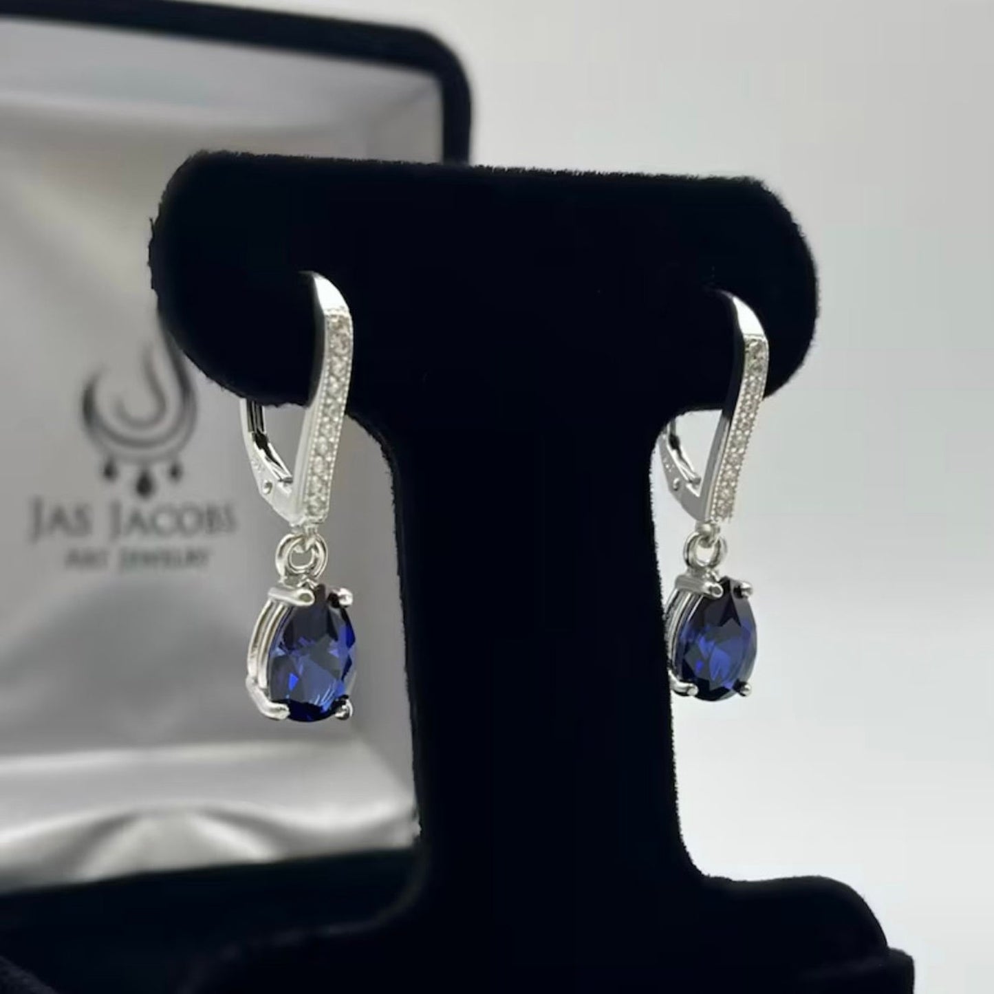 Beautiful 3.6ctw Pear Cut Blue & White Sapphire Earrings