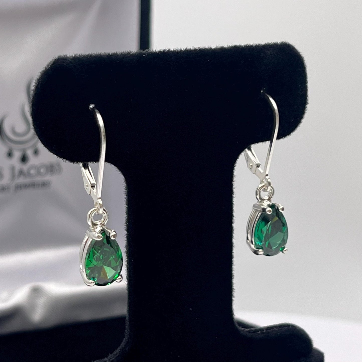 Beautiful 3ctw Pear Cut Emerald Earrings in Sterling Silver Dangle Leverbacks