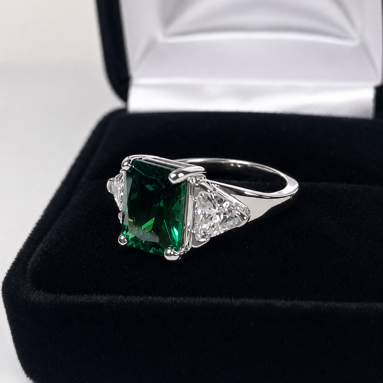 4.5CTW Emerald Cut Emerald Ring | Trillion White Sapphire Three Stone Ring
