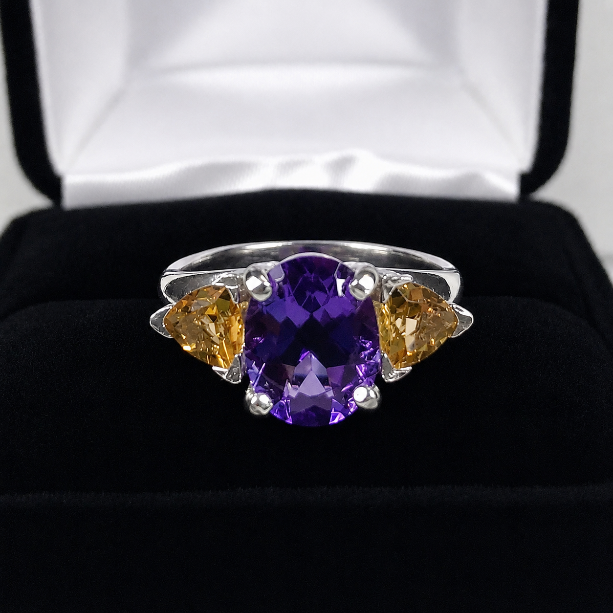 4CTW Oval Cut Amethyst Ring | Trillion Cut Citrine Three Stone Ring | Mardi Gras Ring