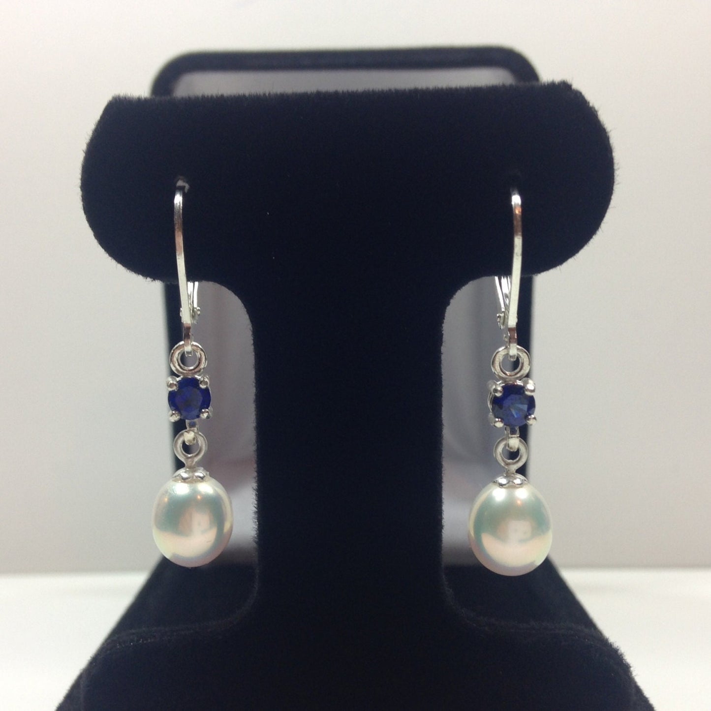 Beautiful Pearl & Sapphire Earrings in Sterling Silver Drop Dangle Pearl Earrings