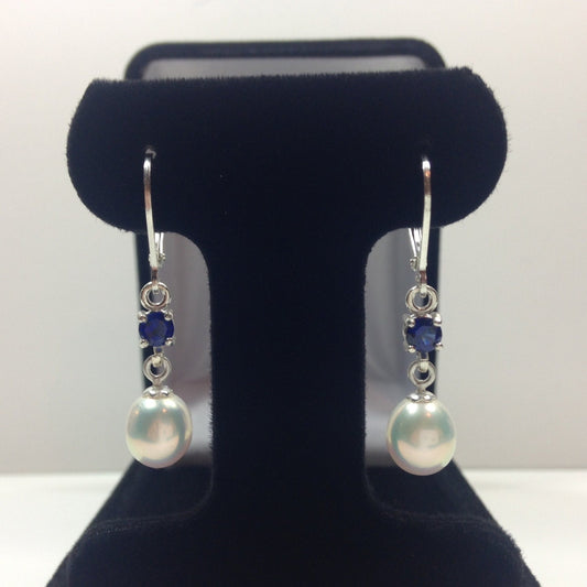 Beautiful Pearl & Sapphire Earrings in Sterling Silver Drop Dangle Pearl Earrings