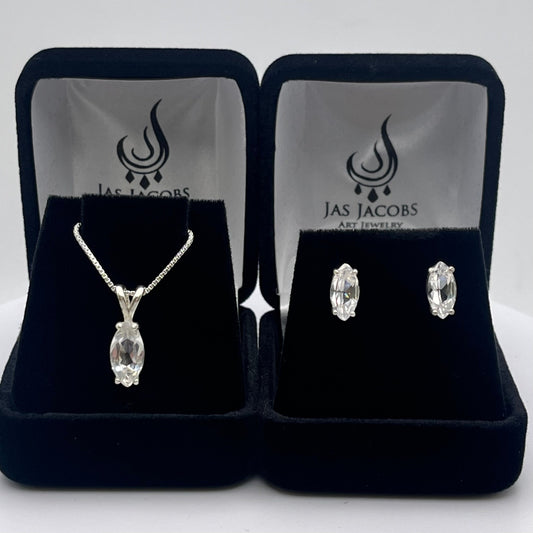 Beautiful 4ctw Marquise White Sapphire Earrings and Necklace Set Sterling Silver Wedding Jewelry Gift Marquise Studs
