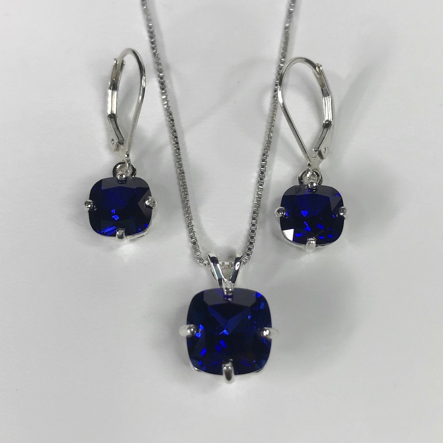 GORGEOUS 10ctw Cushion Cut Sapphire Earrings & Pendant Necklace Set Sterling Silver Leverback Jewelry Gift Blue