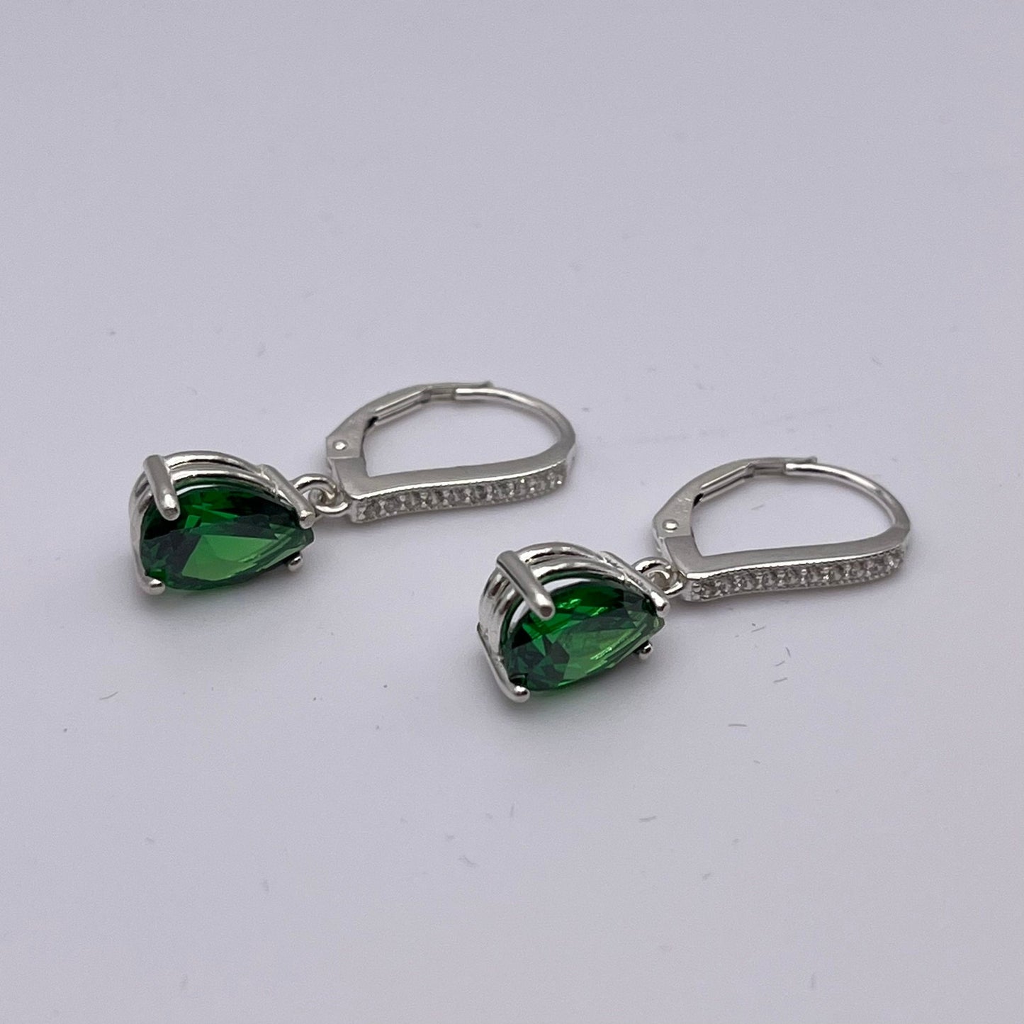 Beautiful 5ctw Pear Cut Emerald Earrings with White Sapphire Accents set in Sterling Silver