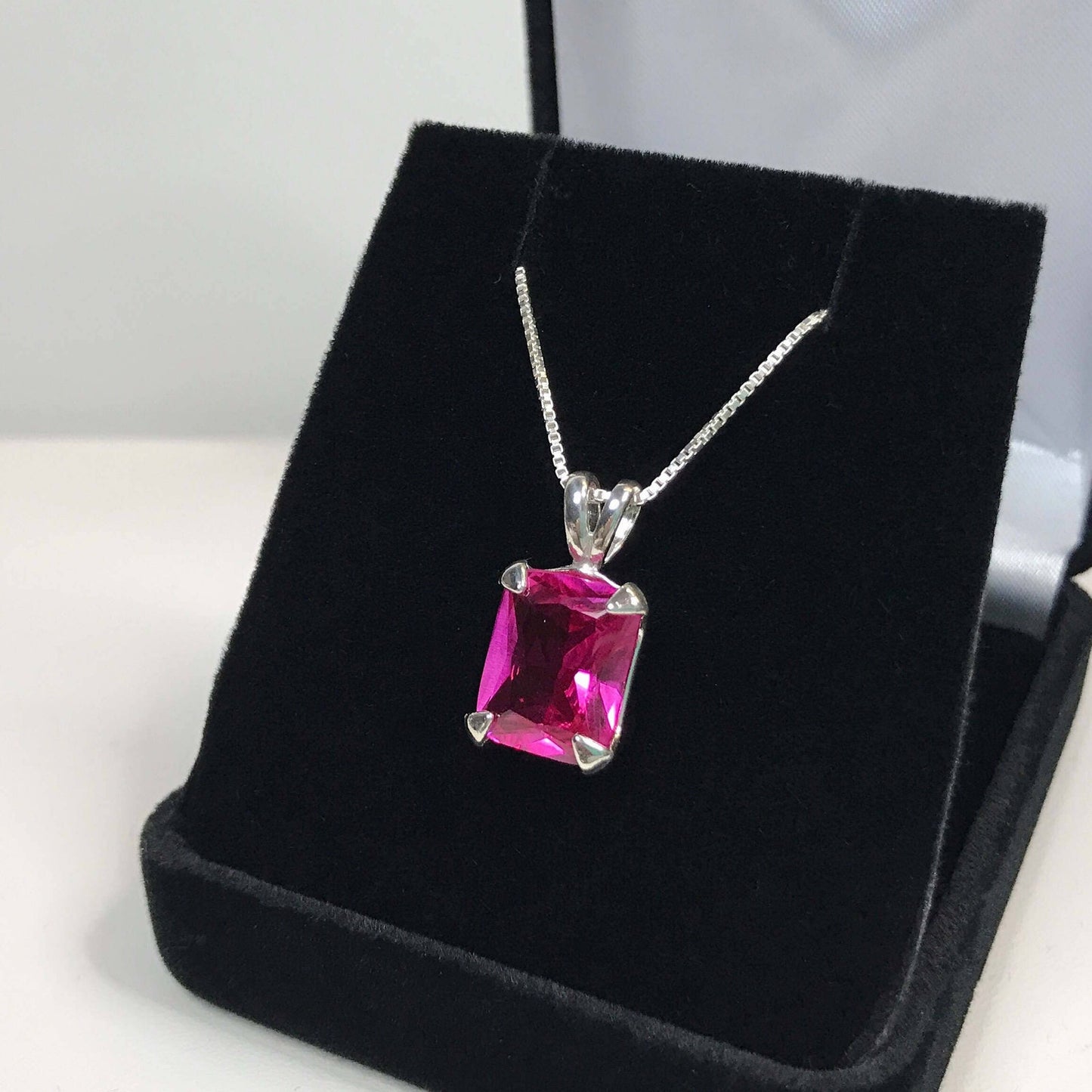 GORGEOUS 7ct Emerald Cut Pink Sapphire Necklace Sterling Silver Pendant 18" Trending Jewelry Gift September