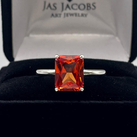 Beautiful 4ct Emerald Cut Orange Sapphire Ring Padparadscha Ring with Sizing Sterling Silver Ring Trending Jewelry Gift September Birthstone