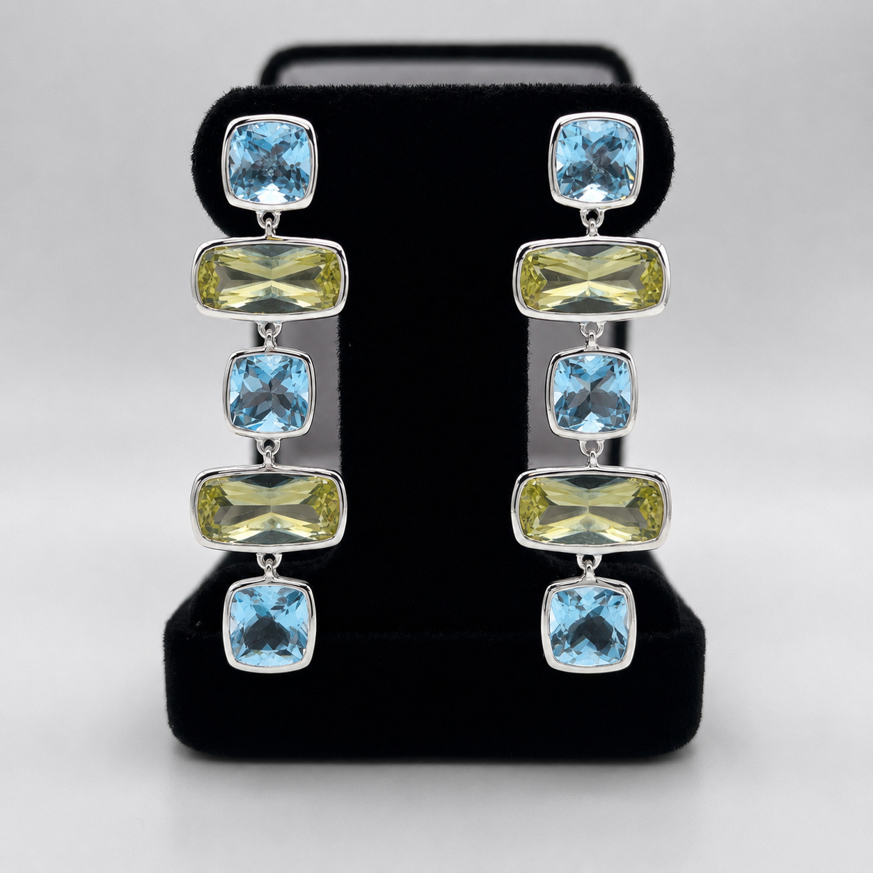 Sky Blue Topaz & Lime Quartz Geometric Drop Earrings 2”