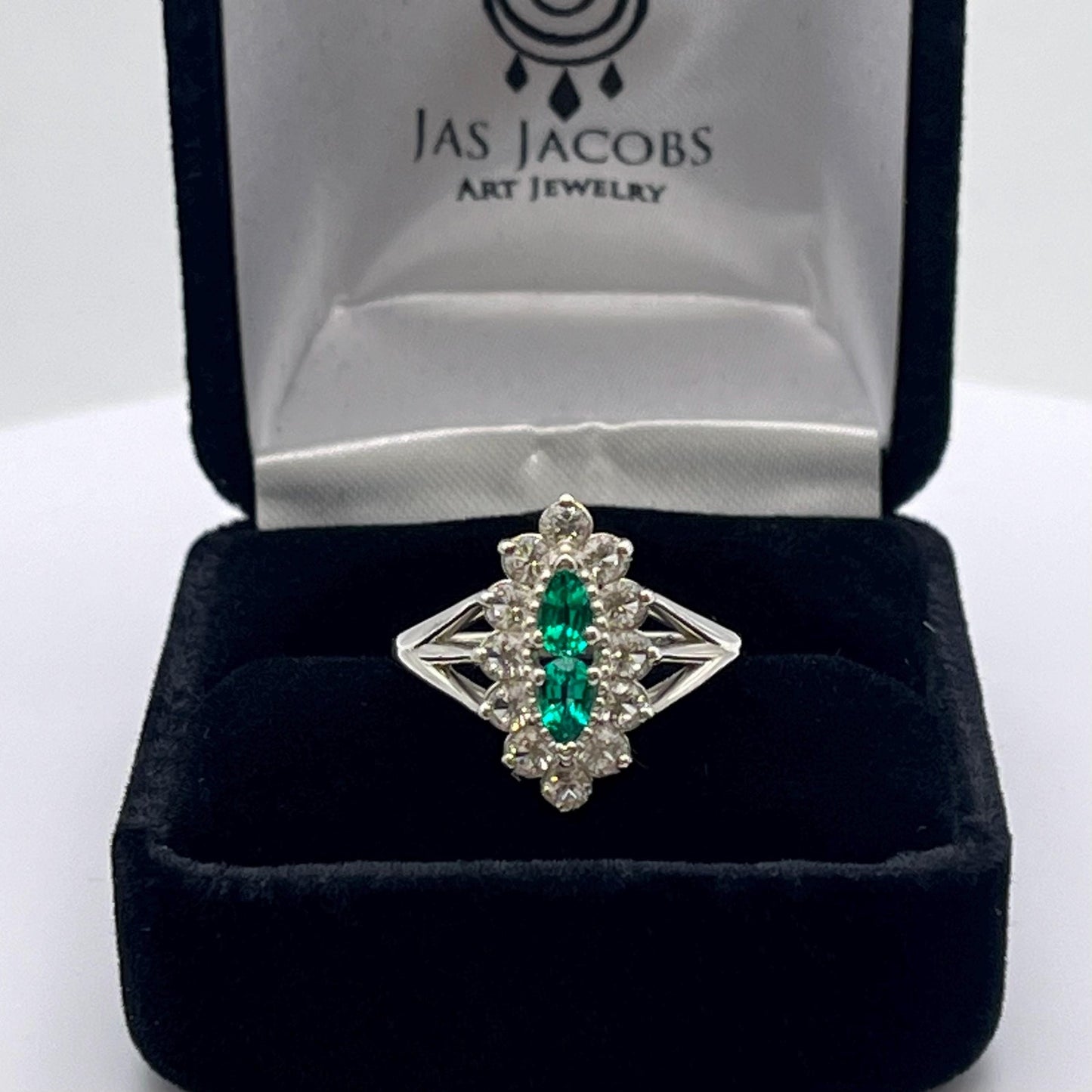 Gorgeous Antique Style 1.4ctw Emerald & White Sapphire Cluster Ring