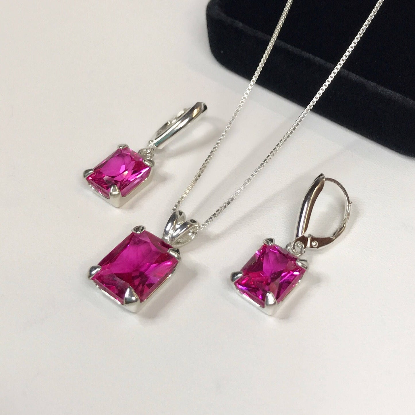 Gorgeous 14ctw Emerald Cut Pink Sapphire Earrings & Pendant Necklace Set in Sterling Silver