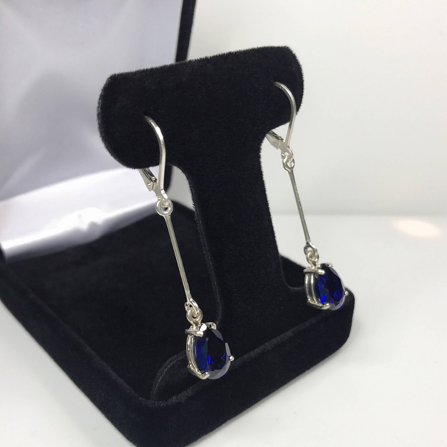 Beautiful 2" 6ctw Sapphire Earrings in Sterling Silver Lab Grown Sapphires