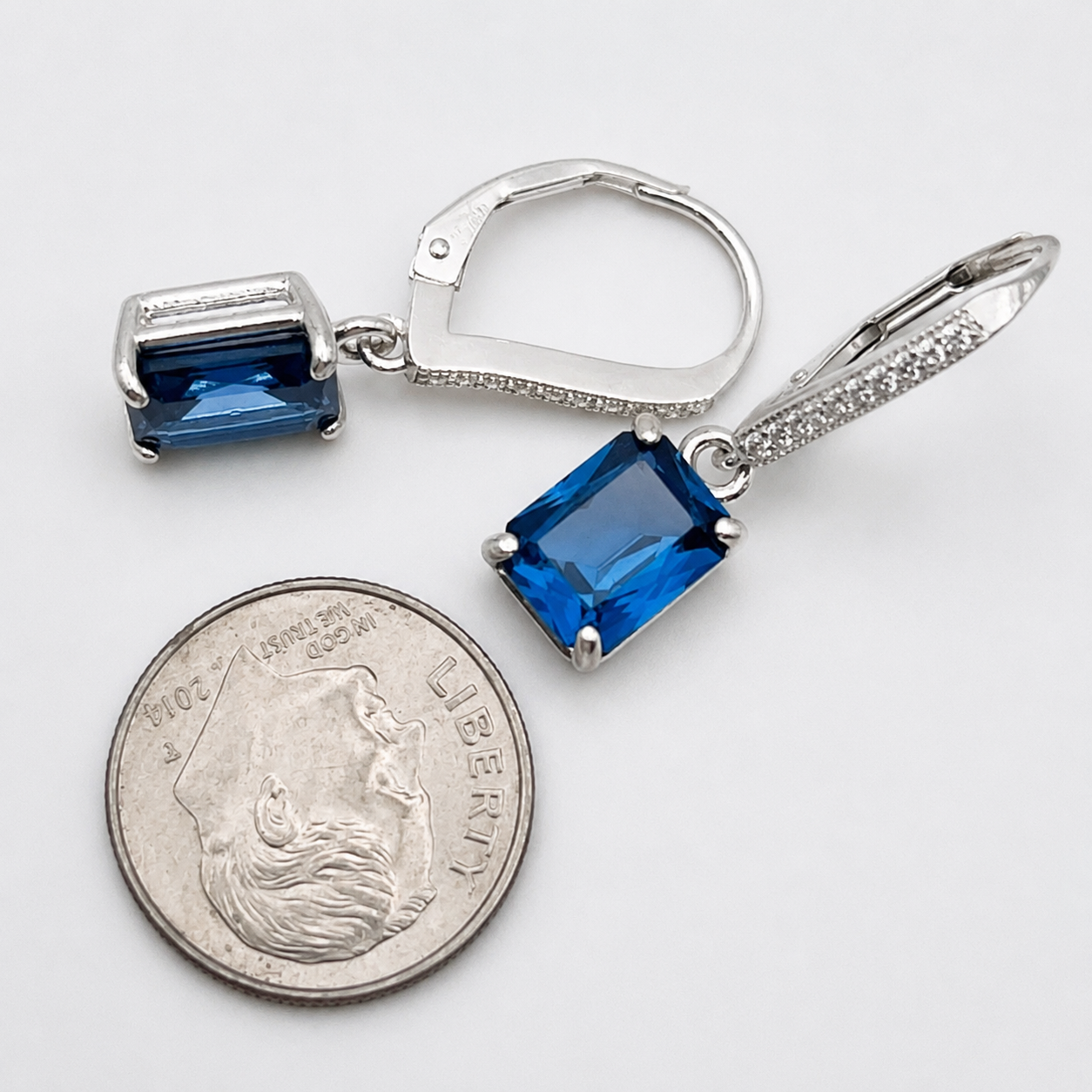 5.2ctw Emerald Cut London Blue Spinel & White Topaz Leverback Earrings