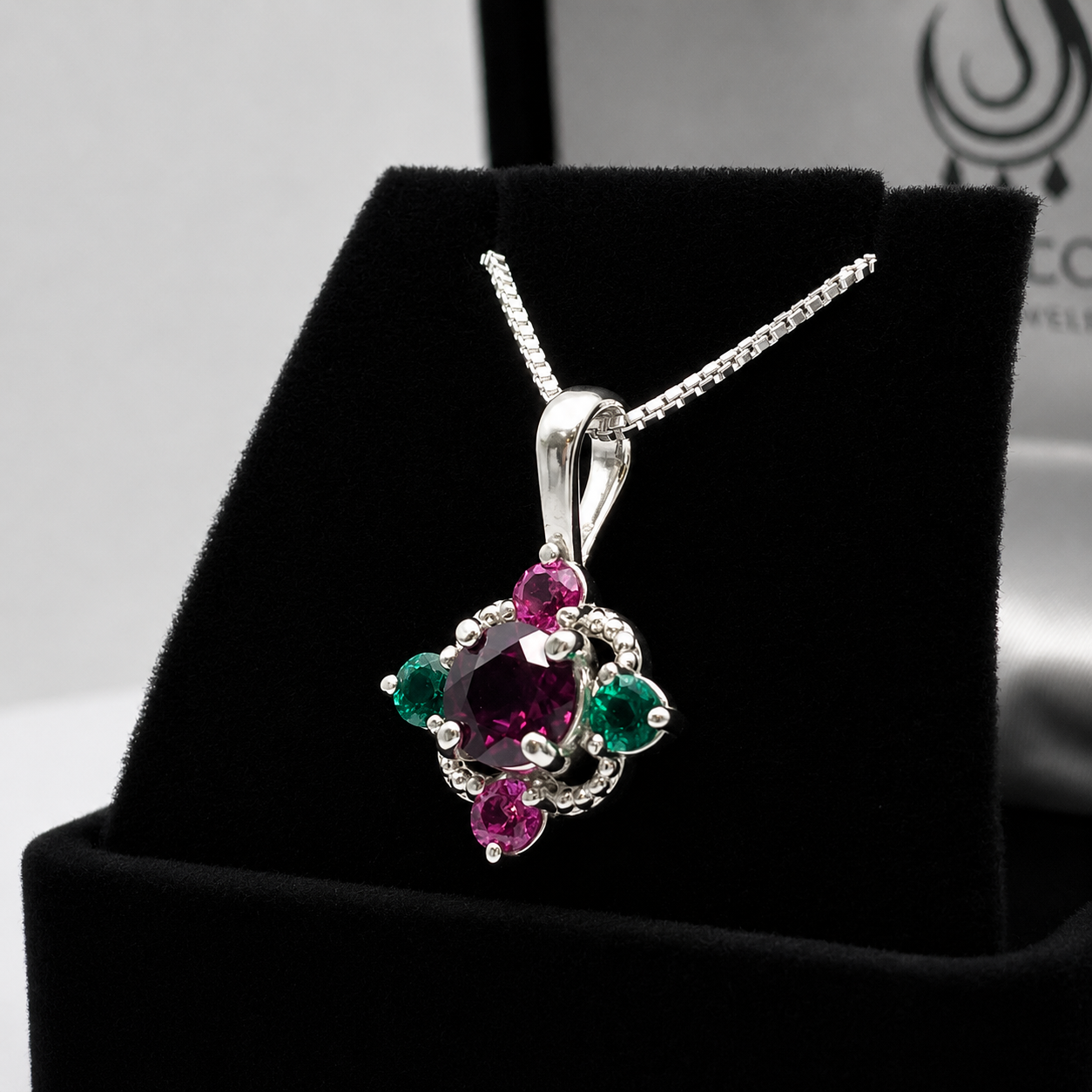 Vintage Inspired Rhodolite Garnet Pendant Necklace with Emeralds & Pink Sapphires | Heirloom Jewelry Gift | Customizable Jewelry