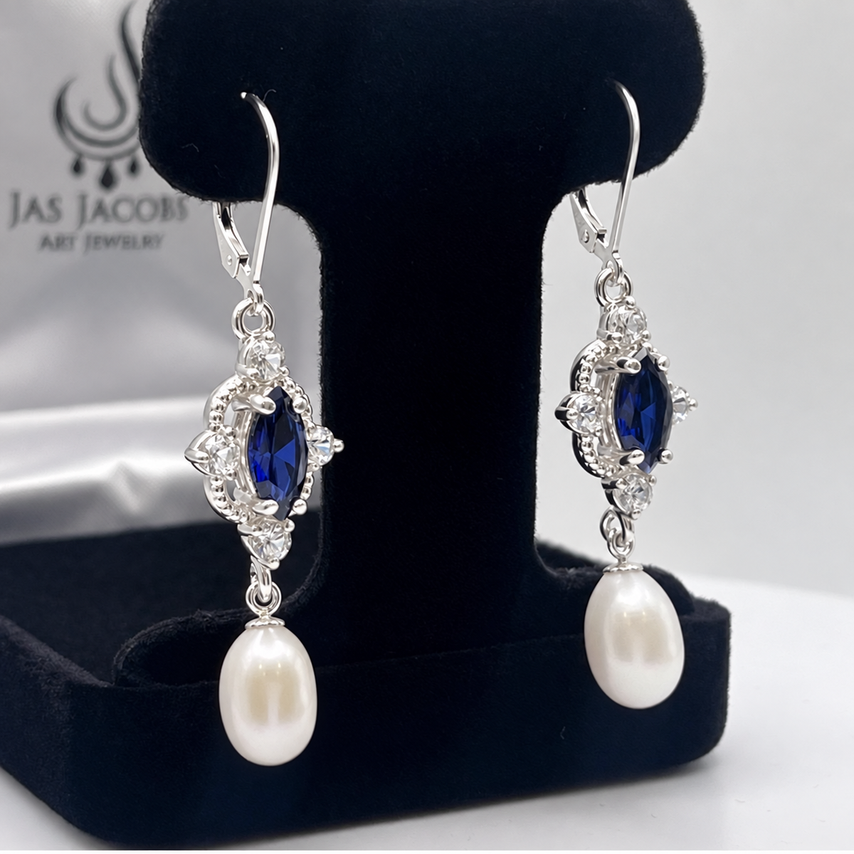 Blue Sapphire & Pearl Vintage Inspired Dangle Earrings