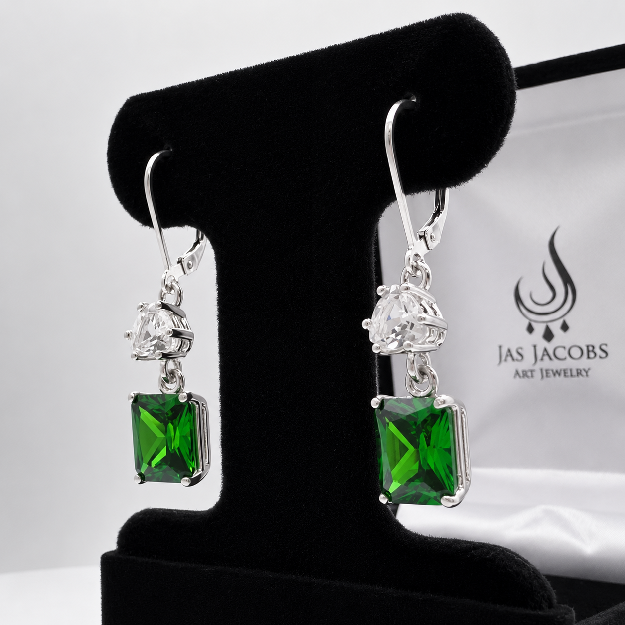 9ctw Emerald Cut Emerald & White Sapphire Dangle Earrings