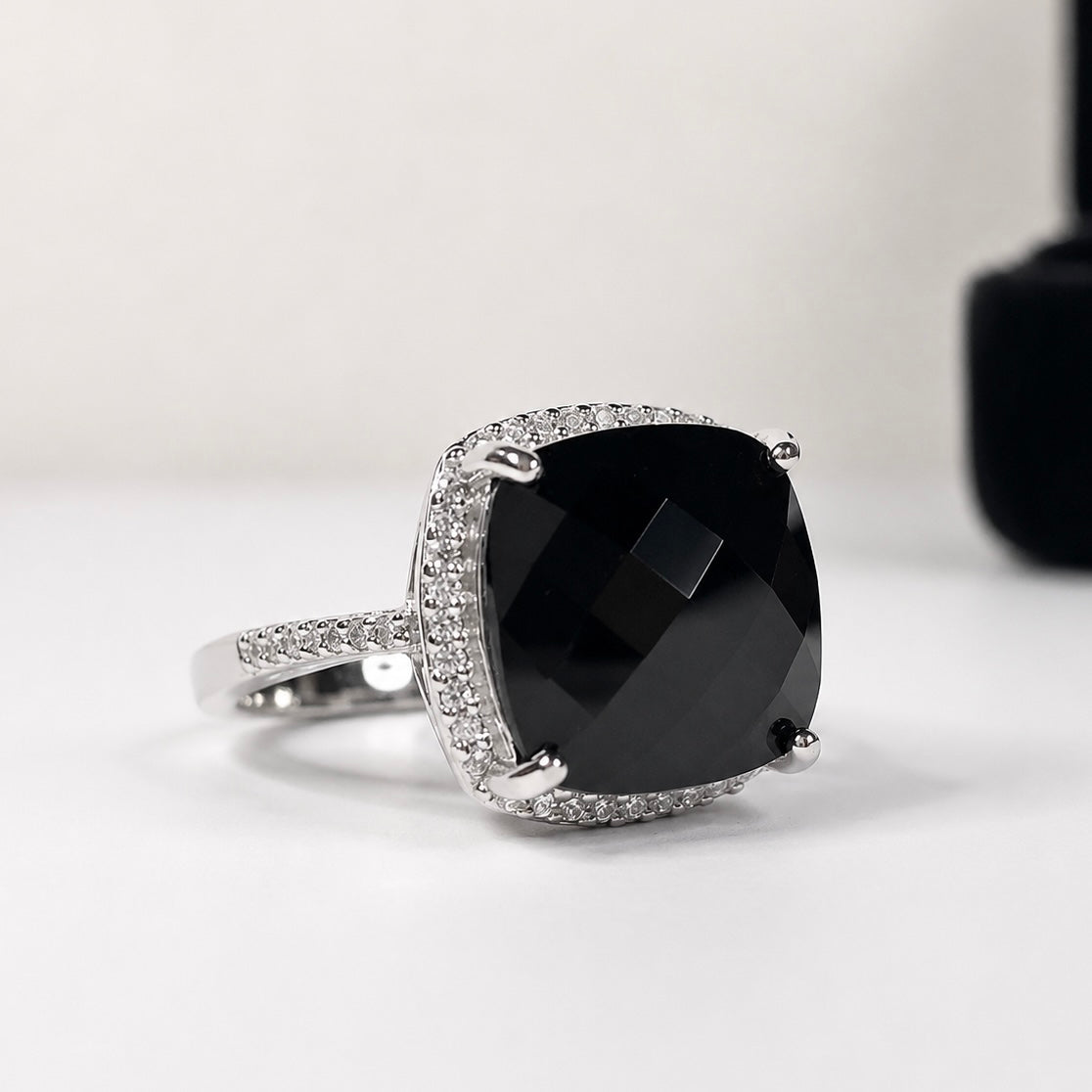 12ct Cushion Cut Black Onyx Halo Ring