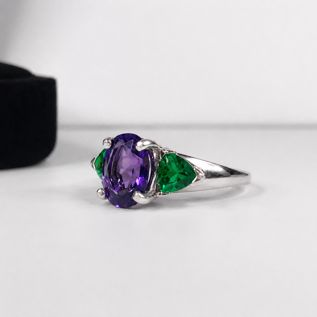 4CTW Oval Cut Amethyst & Trillion Cut Emerald Ring | Mardi Gras Ring