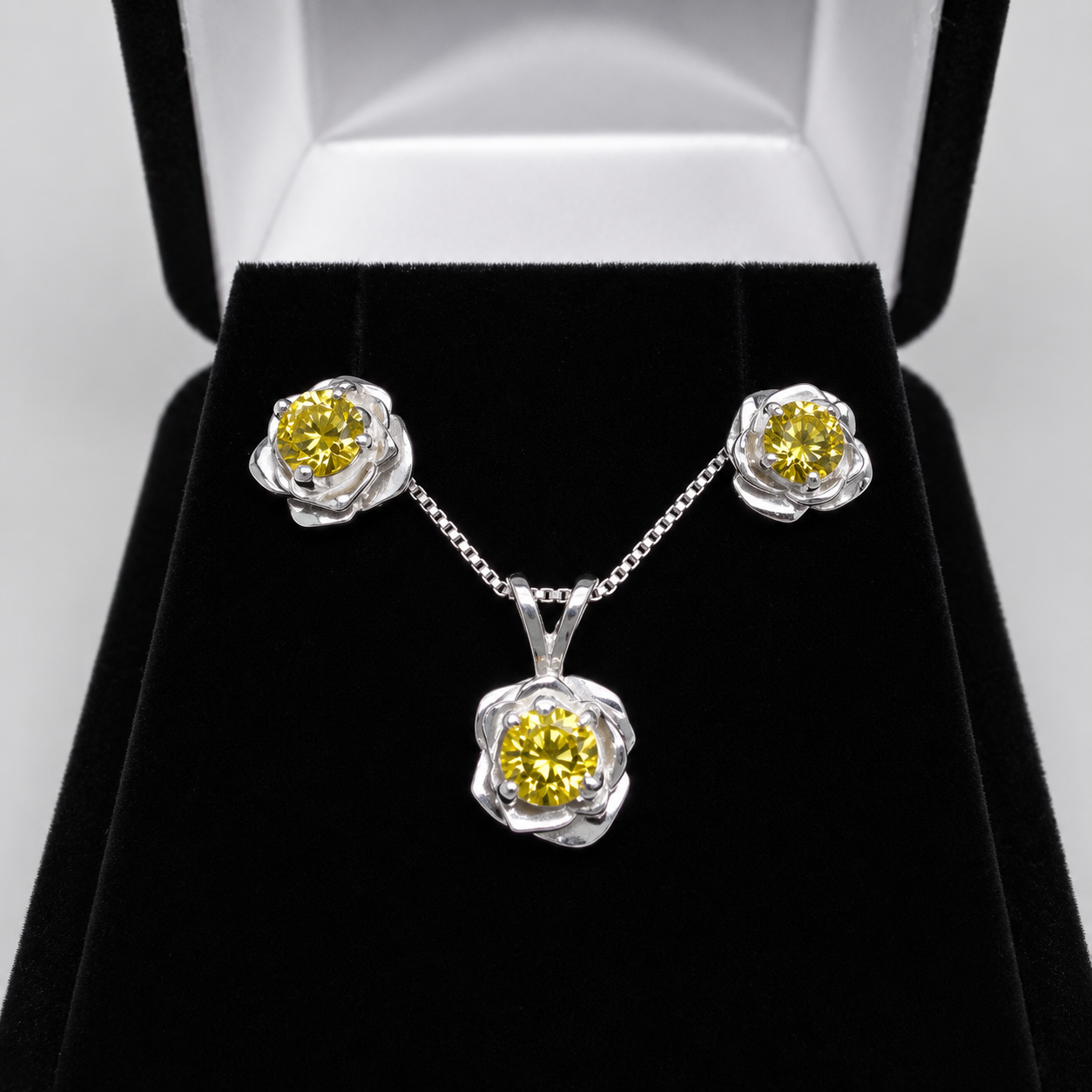 Yellow Citrine Floral Jewelry Set | Sculptural Rose Pendant Necklace & Earrings