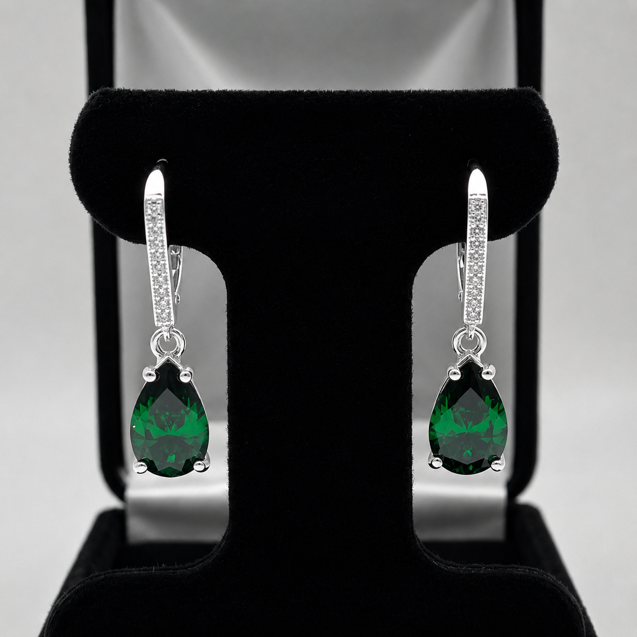 7ctw Pear Cut Emerald Earrings | Pave Leverback Drop Earrings | Emerald Dangle Earrings | Bridal Jewelry