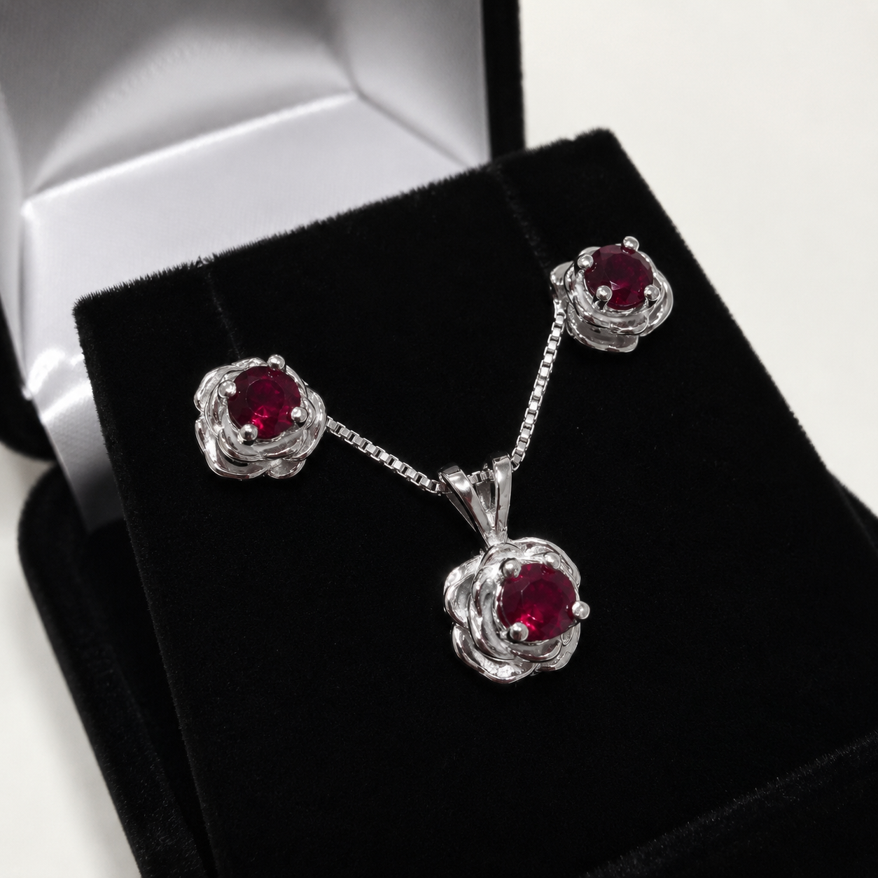 Ruby Rose Jewelry Set | Sculptural Sterling Silver Pendant Necklace & Earrings