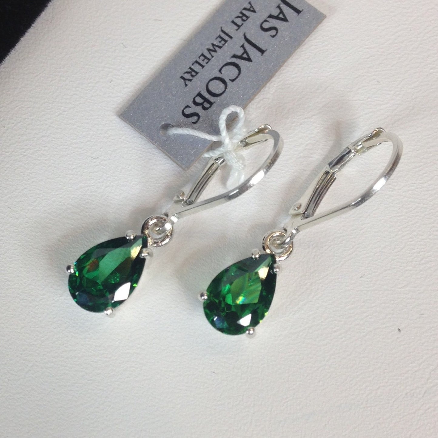 Beautiful 3ctw Pear Cut Emerald Earrings in Sterling Silver Dangle Leverbacks