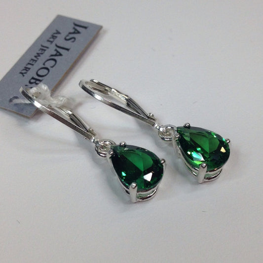 Beautiful 3ctw Pear Cut Emerald Earrings in Sterling Silver Dangle Leverbacks