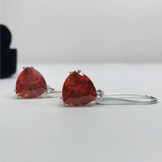 Beautiful 7ctw Trillion Cut Orange Padparadscha Sapphire & Sterling Silver Earrings Fine Jewelry Gift Orange Sapphire Triangle Drop