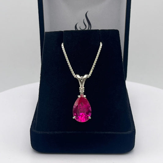 Beautiful 6.5ct Pink Sapphire Necklace White Sapphire Accent Pendant 16” 18” Sterling Silver Bridal Jewelry Gift Teardrop