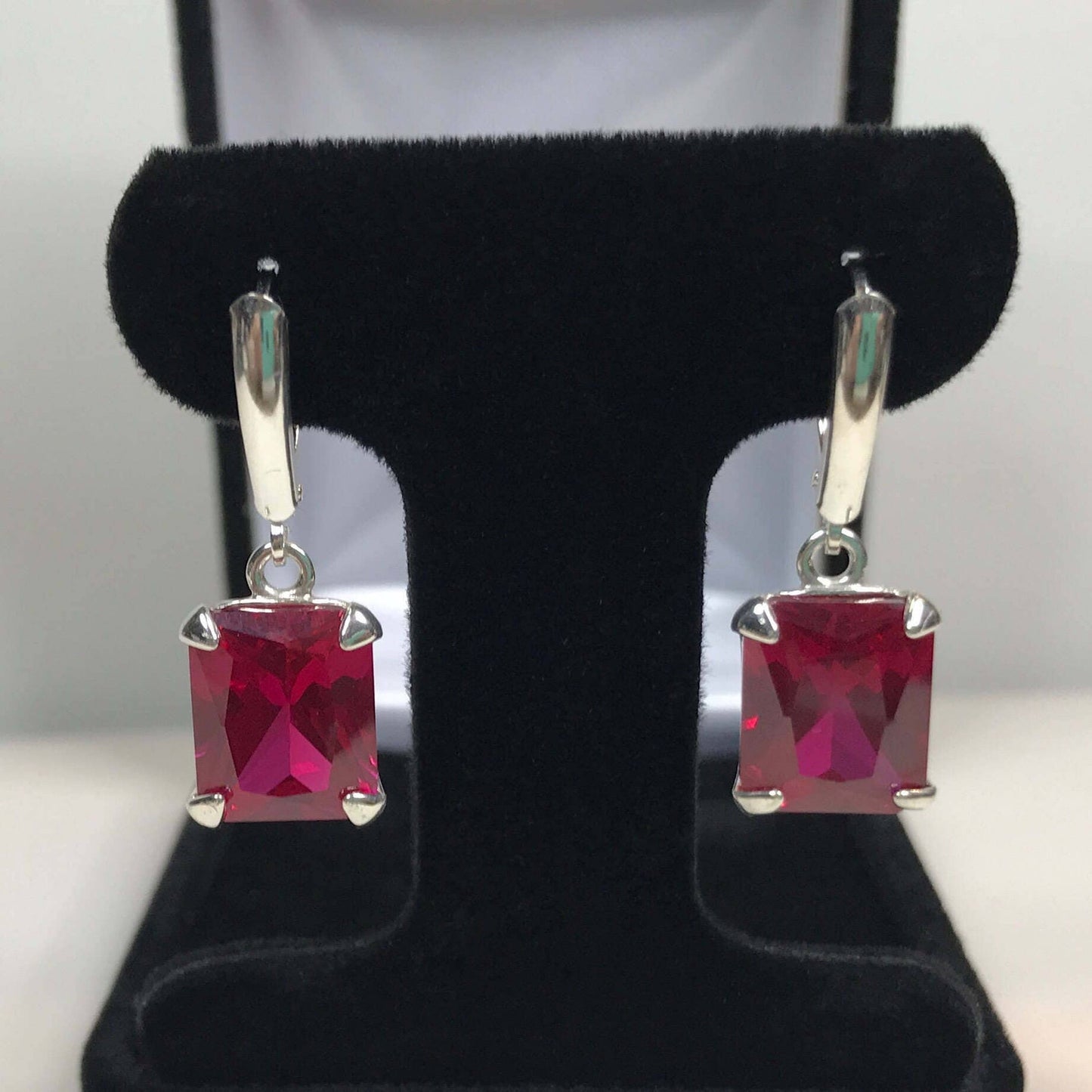 GORGEOUS 8ctw Emerald Cut Ruby Earrings in Sterling Silver