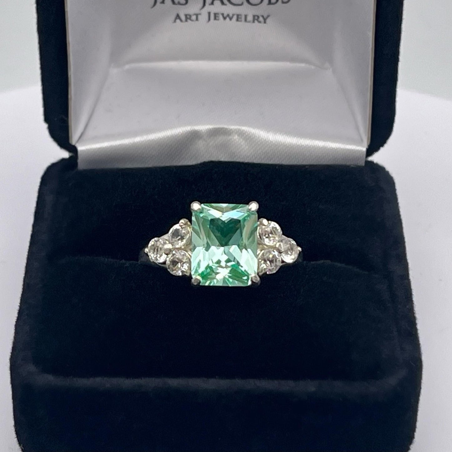 BEAUTIFUL 4ct Sea Foam Green Spinel & White Topaz Ring Emerald Cut Ice Green Ring