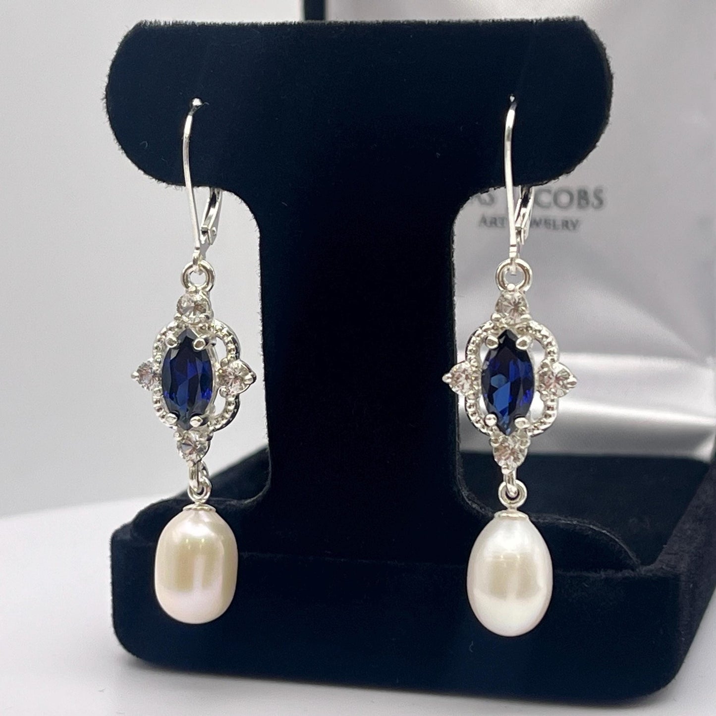 Genuine Pearls & Sapphire Earrings Sterling Silver Drop Dangle Pearl Earrings
