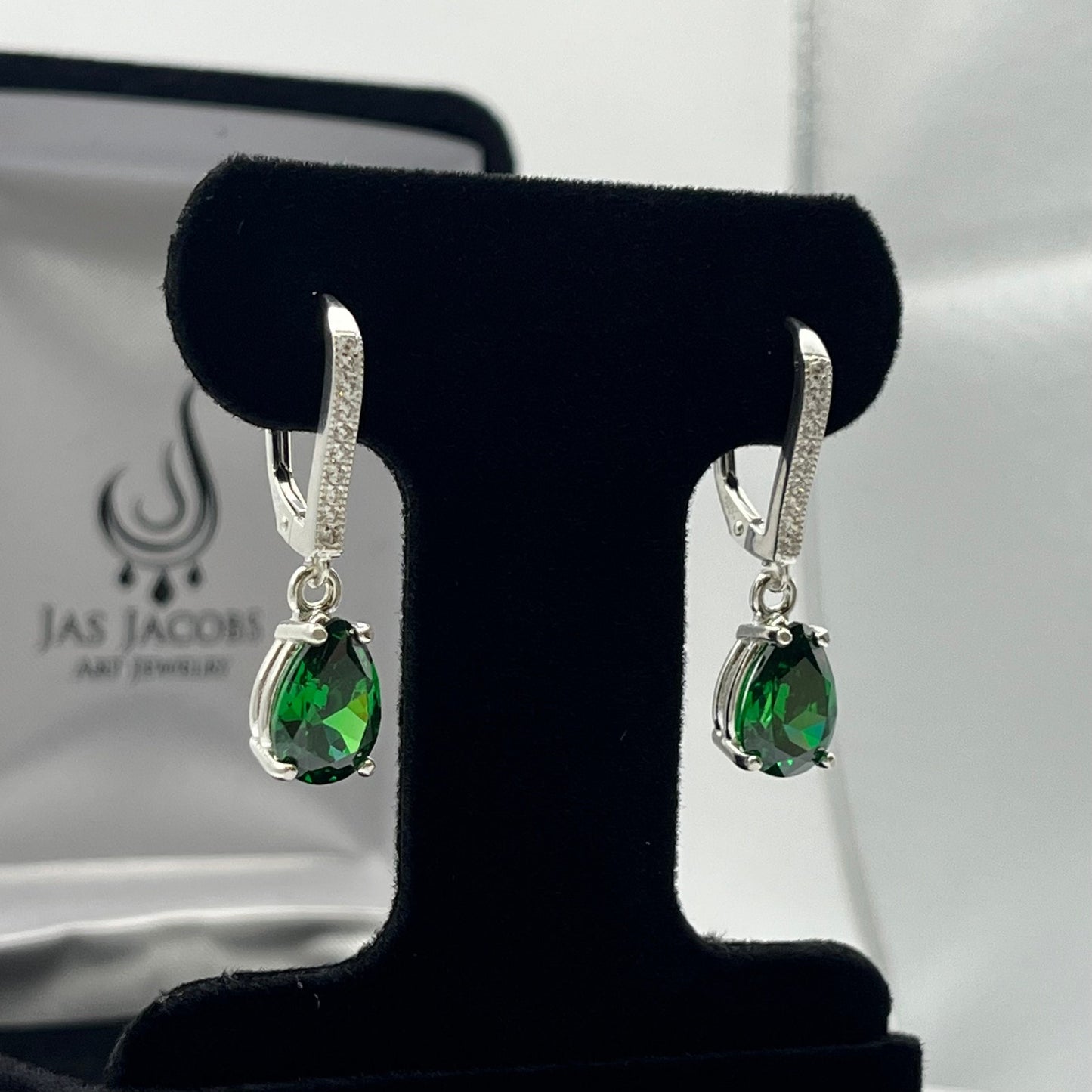 Beautiful 5ctw Pear Cut Emerald Earrings with White Sapphire Accents set in Sterling Silver