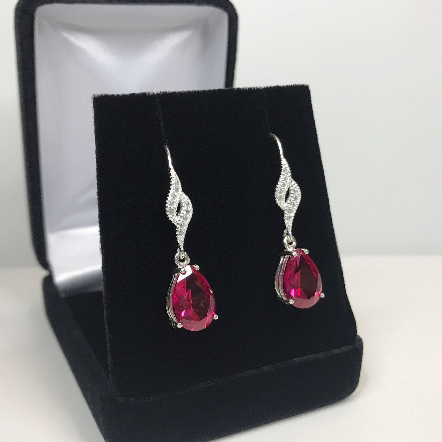 Beautiful 10ctw Pear Cut Ruby Earrings White Sapphire Earrings Pear Drop Dangle