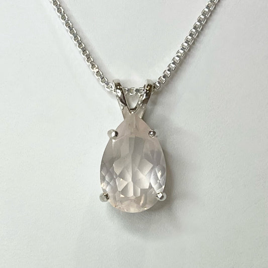 BEAUTIFUL 6ct Pear Cut Natural Rose Quartz Necklace Sterling Silver Trending Jewelry Gift Pale Pink Gemstone Necklace