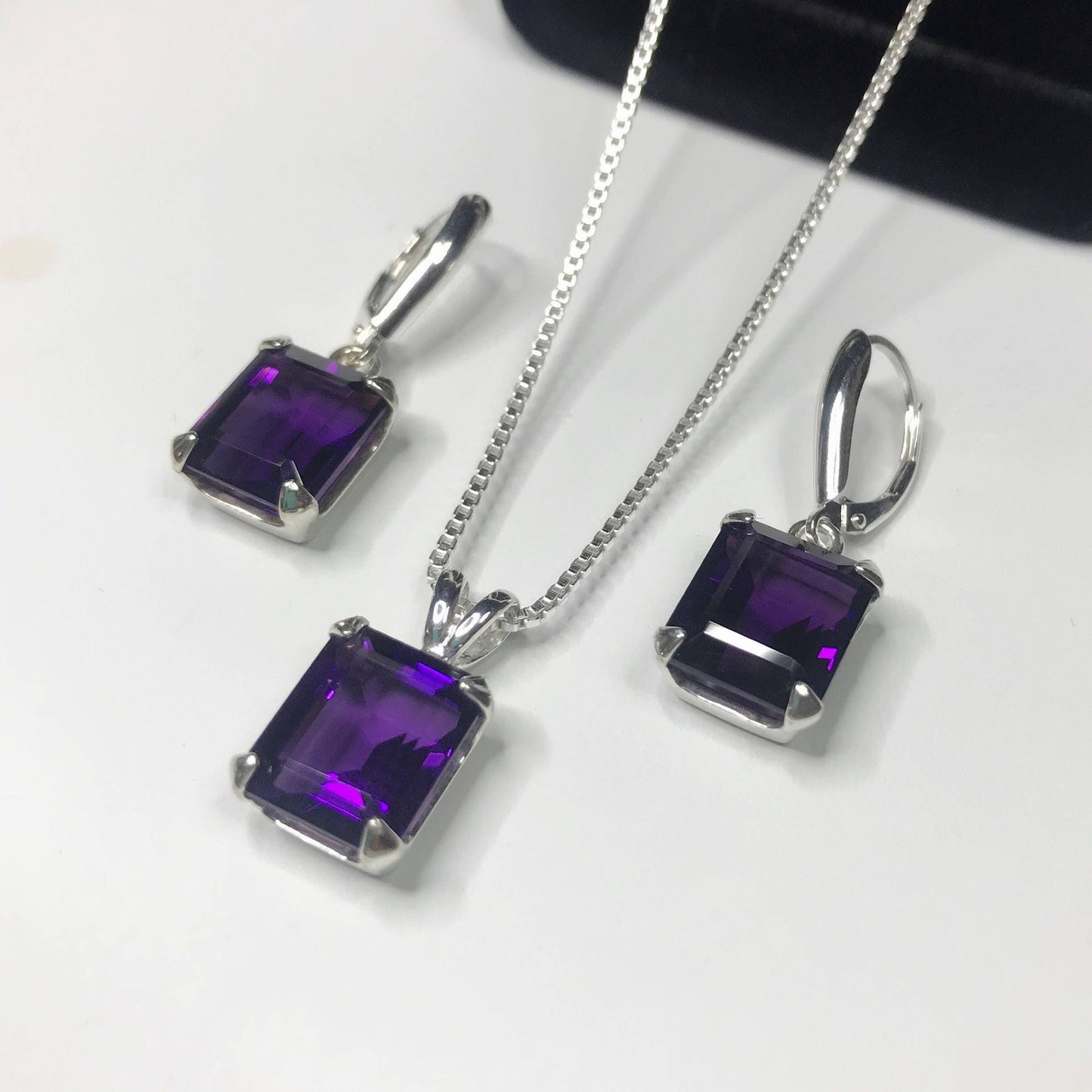 BEAUTIFUL 16.5ctw Emerald Cut Amethyst Earrings & Pendant Necklace Set Sterling Silver Trending Jewelry Gift February Birthstone