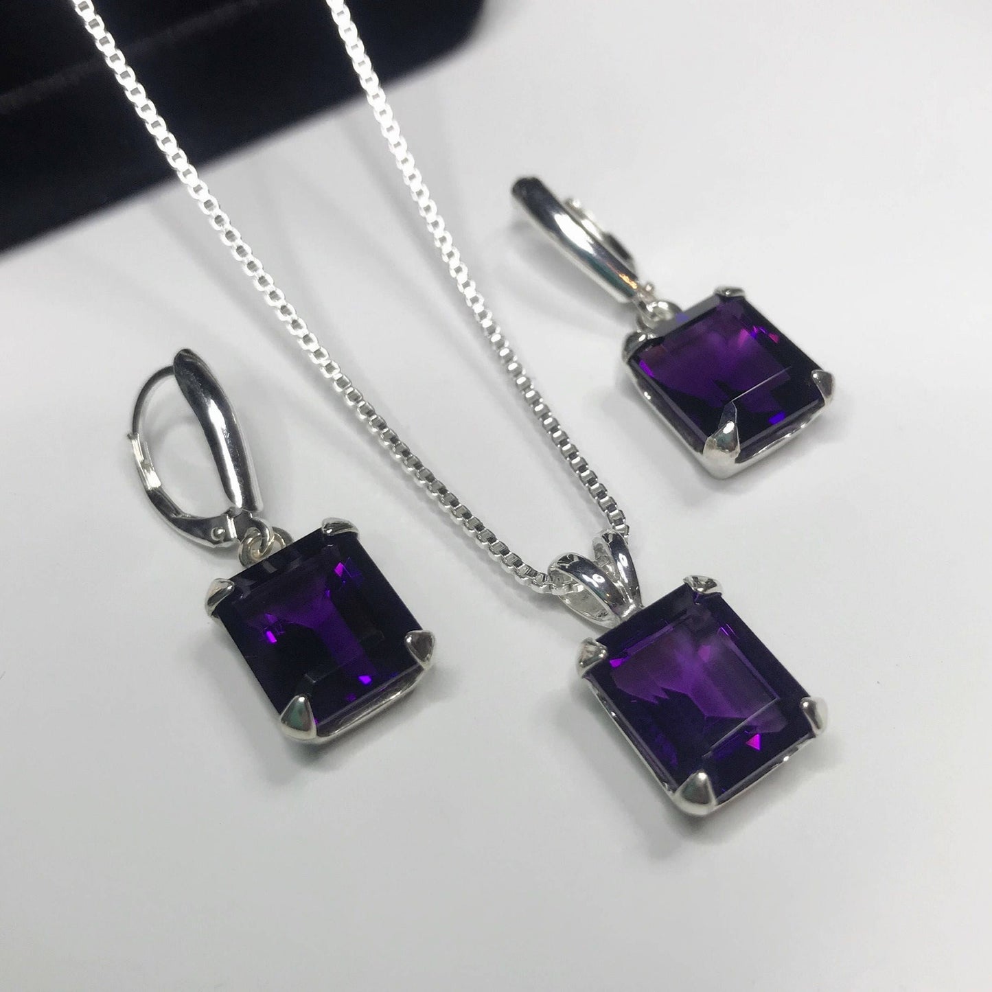 BEAUTIFUL 16.5ctw Emerald Cut Amethyst Earrings & Pendant Necklace Set Sterling Silver Trending Jewelry Gift February Birthstone