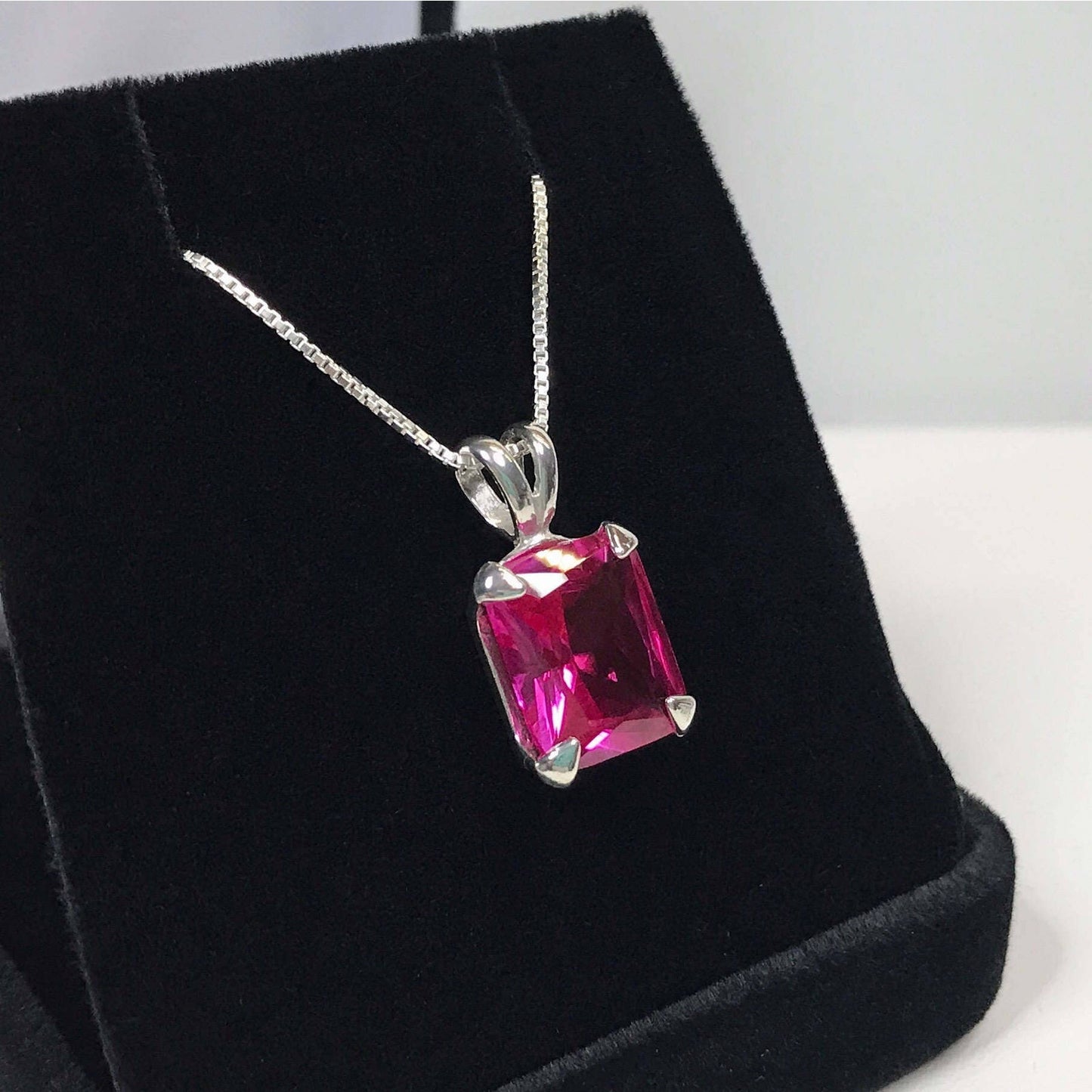 GORGEOUS 7ct Emerald Cut Pink Sapphire Necklace Sterling Silver Pendant 18" Trending Jewelry Gift September