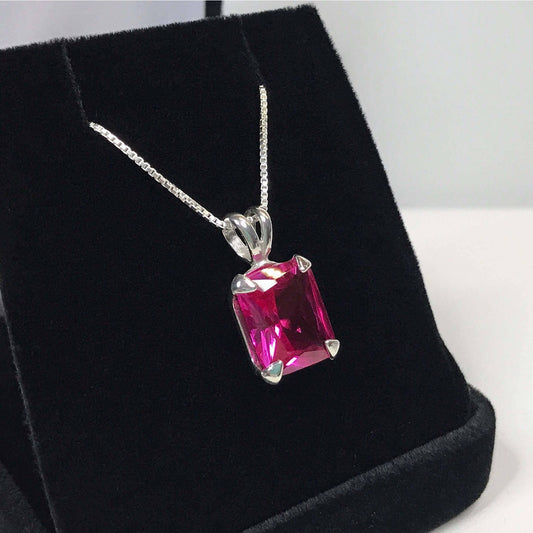 GORGEOUS 7ct Emerald Cut Pink Sapphire Necklace Sterling Silver Pendant 18" Trending Jewelry Gift September